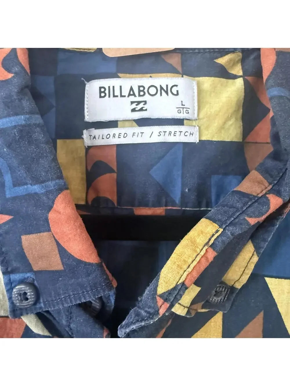 Blue Geometric Print Billabong Button Up Shirt Mens L Retro Abstract - Picture 3 of 4